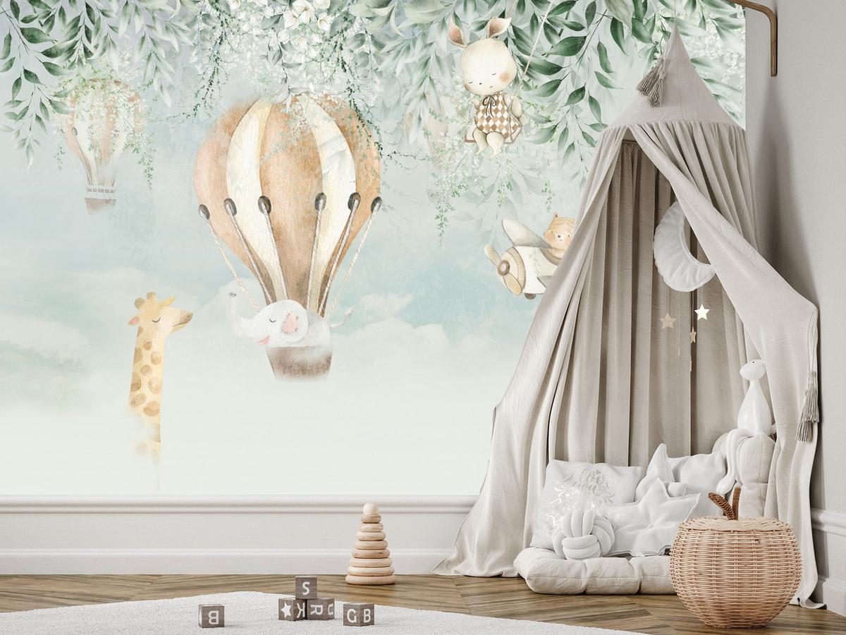 FOTOTAPETE für Kinderzimmer Tiere Wolken Ballons Giraffe Elefant 100x70 - Beige/Braun, Papier (100/70cm) - Muralo