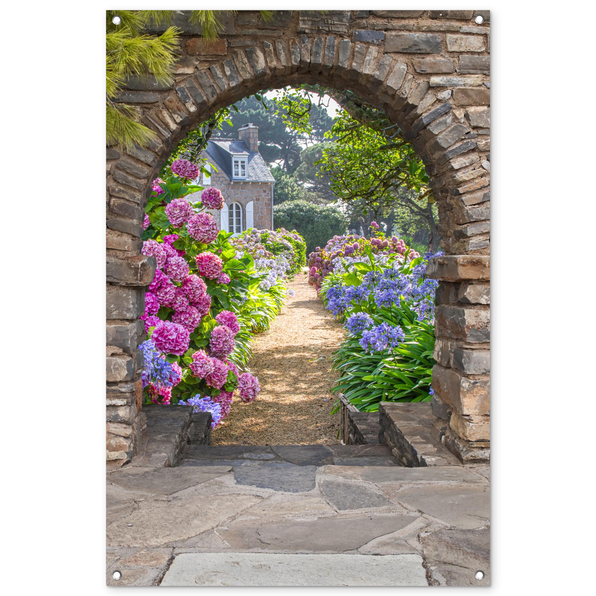 GARTENPOSTER Blumen - Guck-guck - Hortensie - Sommer Outdoor Bilder 80x120 cm - Braun, Kunststoff (80/120/0.2cm) - OnlyWow