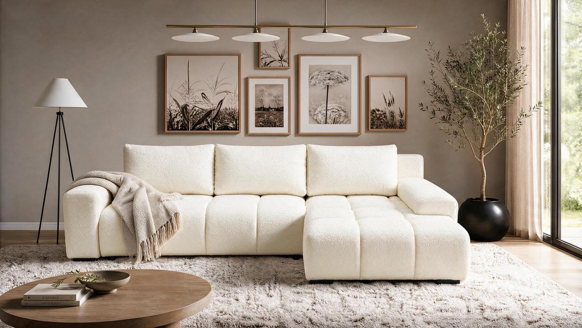 ECKSOFA Ovia mit Bettkasten und Schlaffunktion, Bouclé-Stoff in L-Form - Beige, Textil (270/185cm)