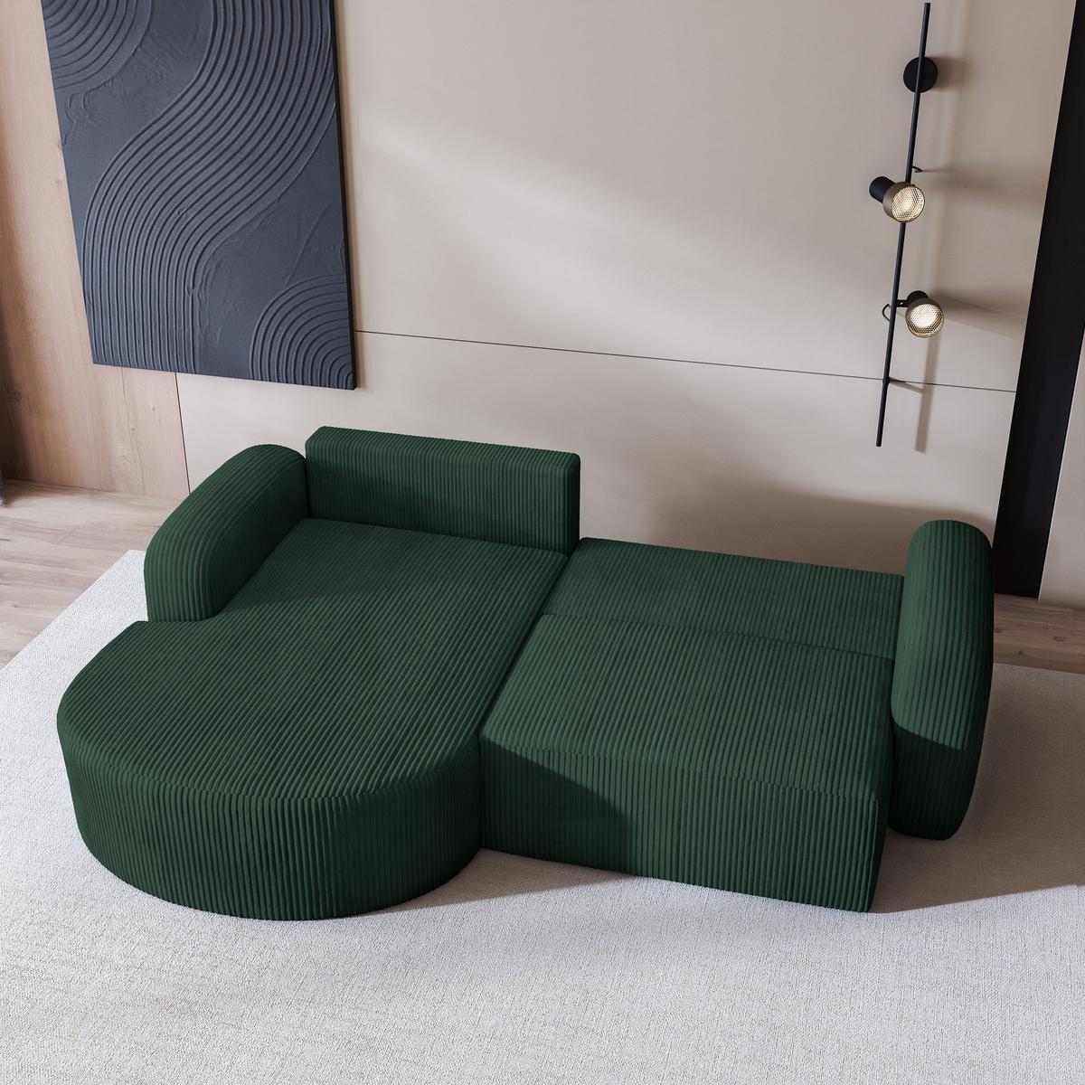 ECKSOFA AMILIA P L-S Grün Kordstoff mit Schlaffunktion - Grün, Holz (263/174cm) - MASSENO