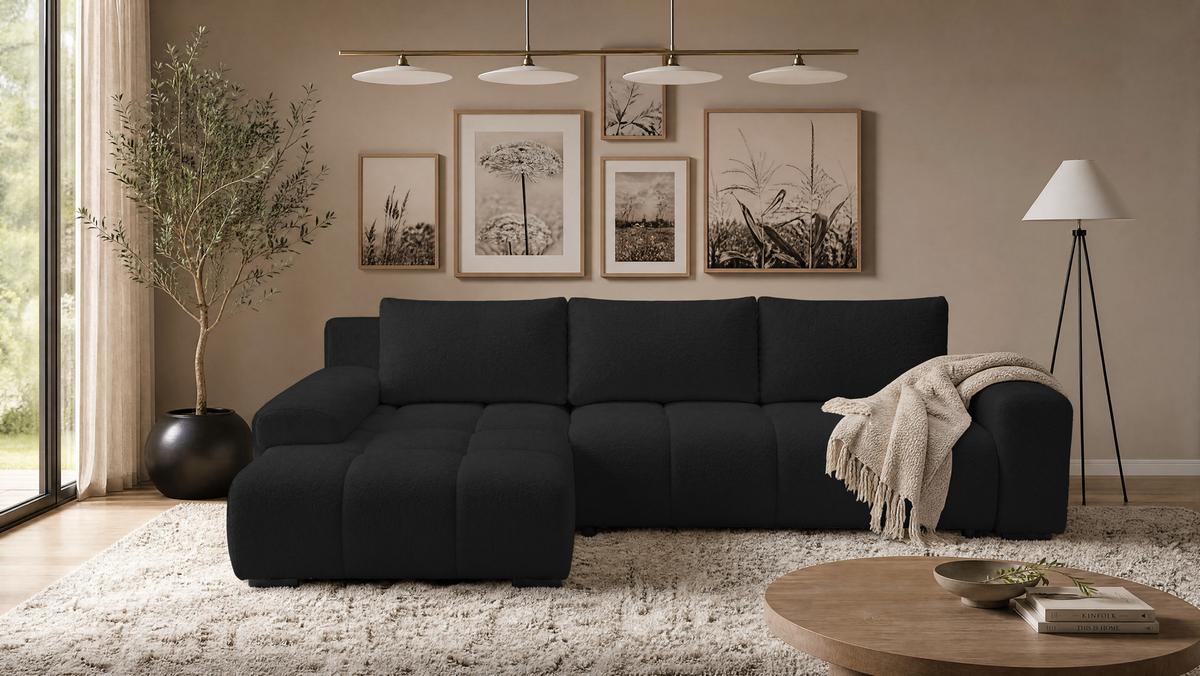 ECKSOFA Ovia mit Bettkasten und Schlaffunktion, Bouclé-Stoff in L-Form - Schwarz, Textil (270/185cm)