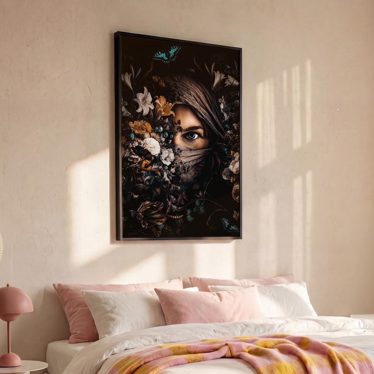 LEINWAND Bilder mit Rahmen - Frau - Luxus - Blumen - Schmetterling - Porträt - 100x150 - Schwarz, Textil (100/150cm) - MuchoWow