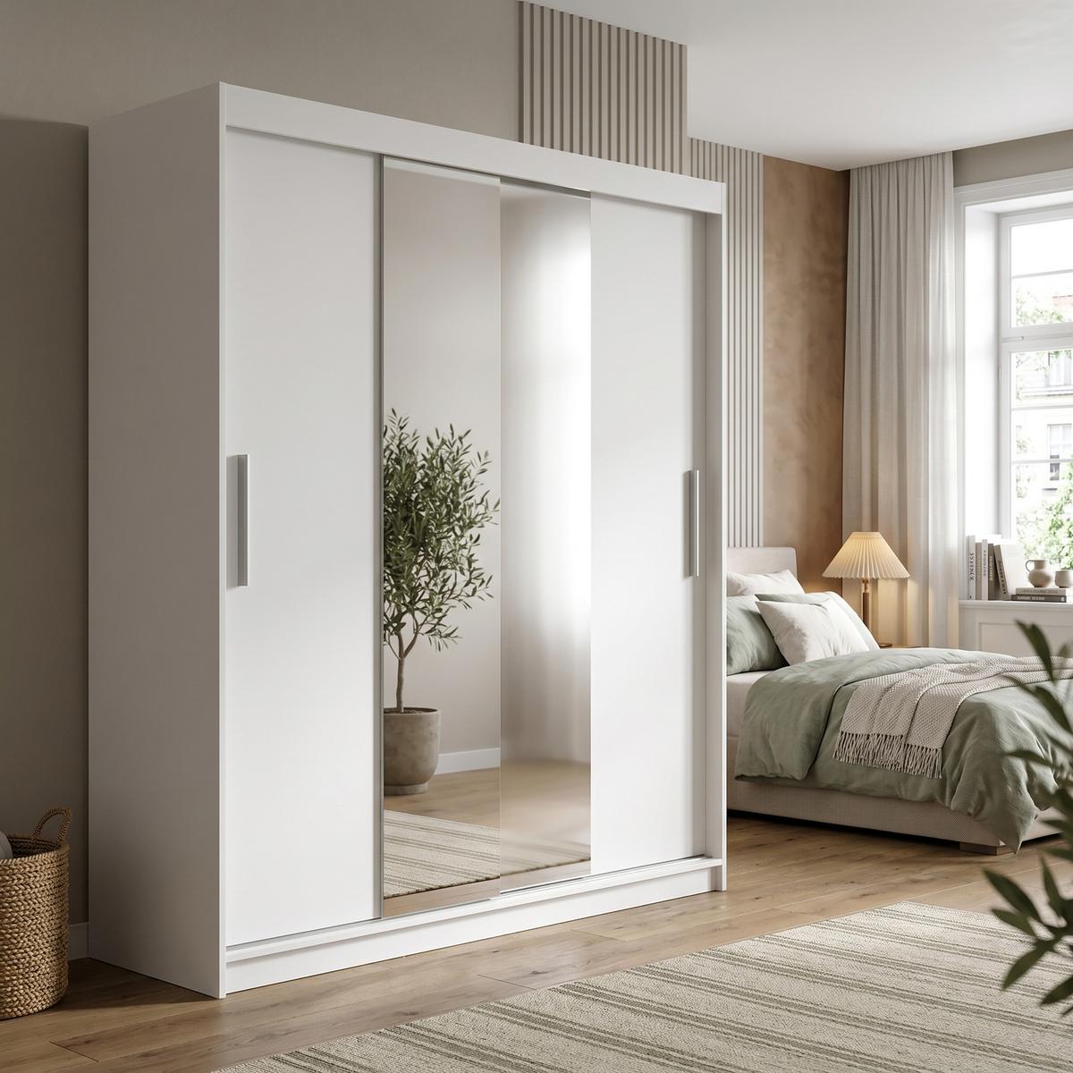 SCHWEBETÜRENSCHRANK VIVA 180/215,5/59cm 2-türig mit Spiegel Weiß - Weiß, Holzwerkstoff (180/215.5/59cm) - MASSENO