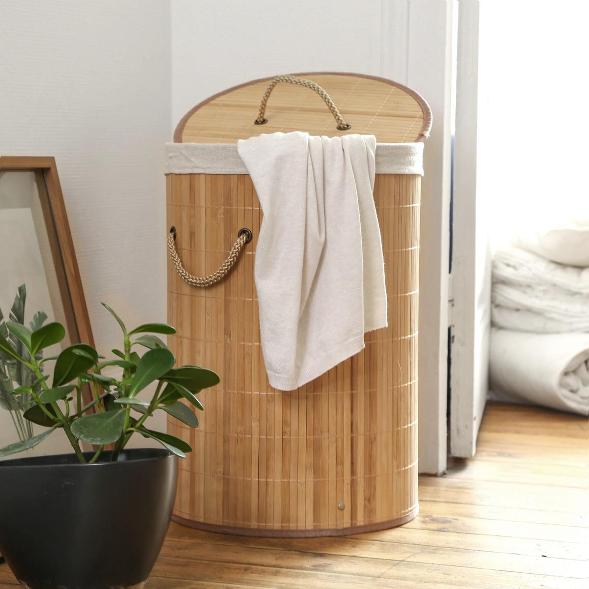 WÄSCHEKORB aus Bambus rund 60l - 40/40/50 cm - Eschefarben, Holzwerkstoff (40/50/42cm) - Calicosy
