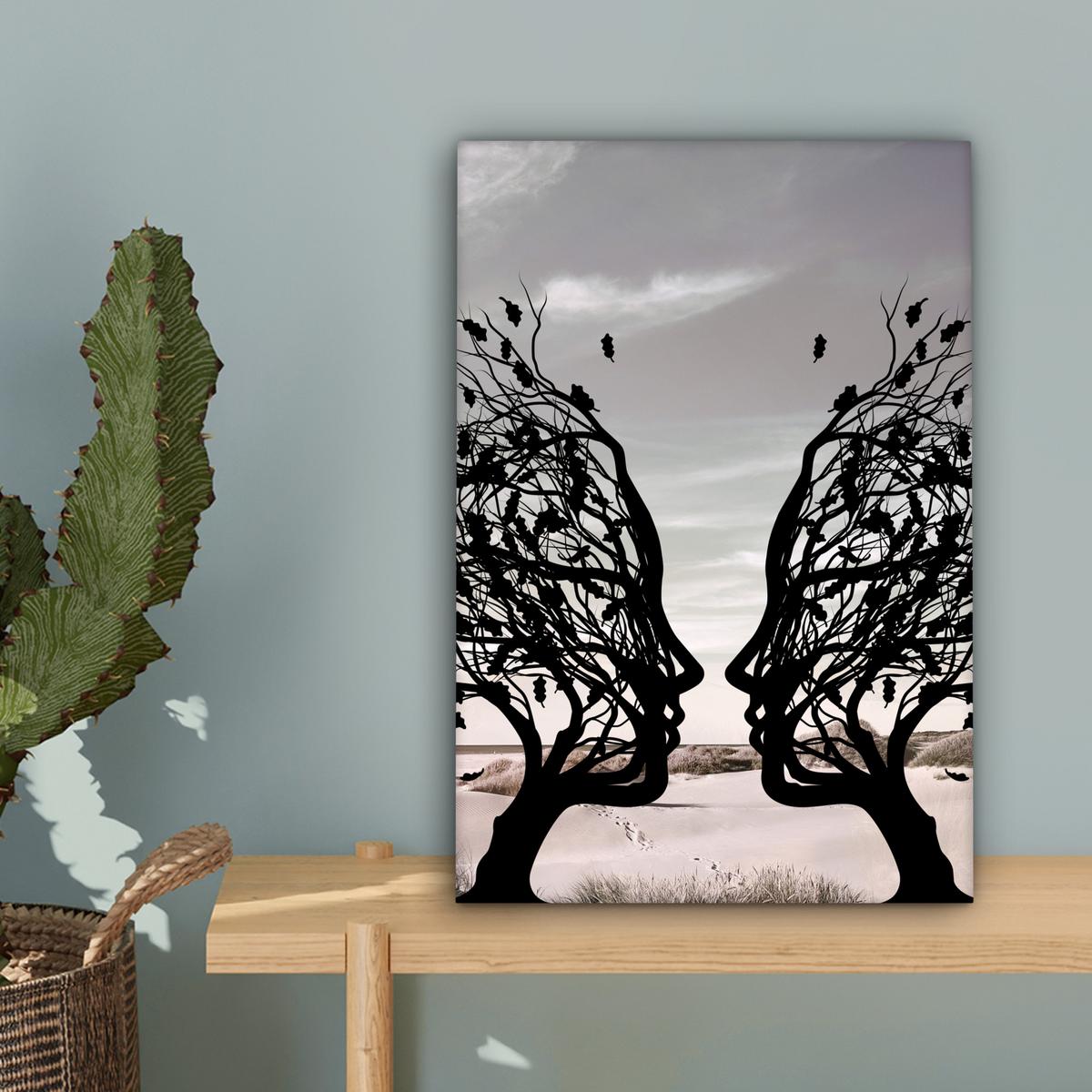 LEINWANDBILD Strand - Meer - Menschen - Baum - Moderne Kunst Deko Wohnzimmer 20x30 cm - Hellgrau, Textil (20/30cm) - MuchoWow