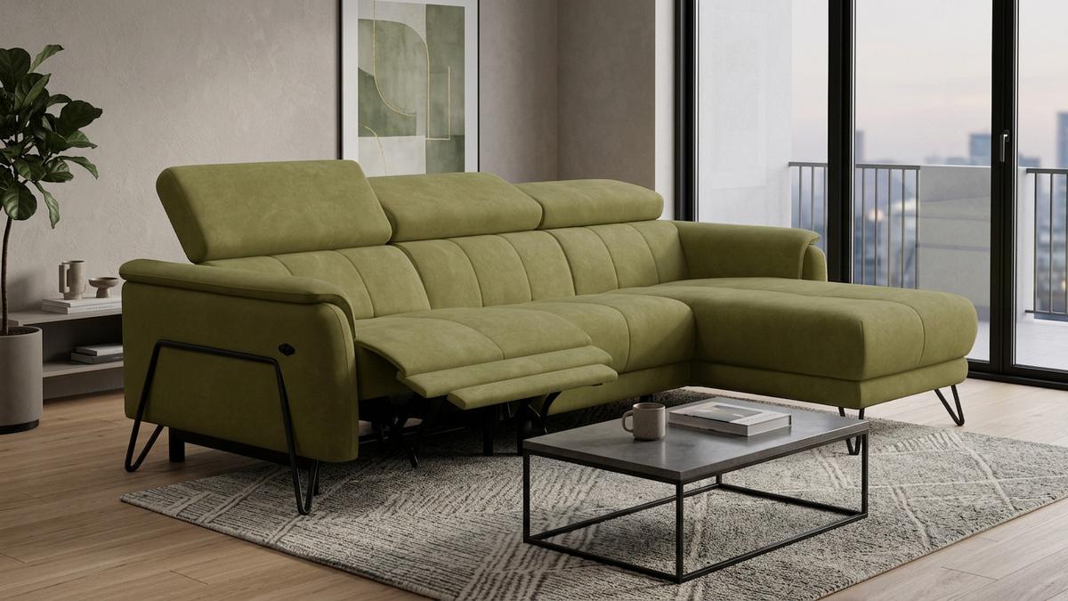 ECKSOFA RODEN 4-Sitzer mit Relax, olive, Veloursstoff - Grün, Holz/Textil (268/92cm) - Wozimo