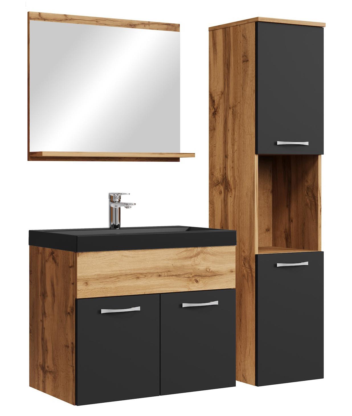 BADMÖBEL-SET Montreal 4 Teile Eiche / Schwarz - 60 x 35 x 51 cm - Eichefarben/Schwarz, Holz (60/51/35cm) - Badplaats