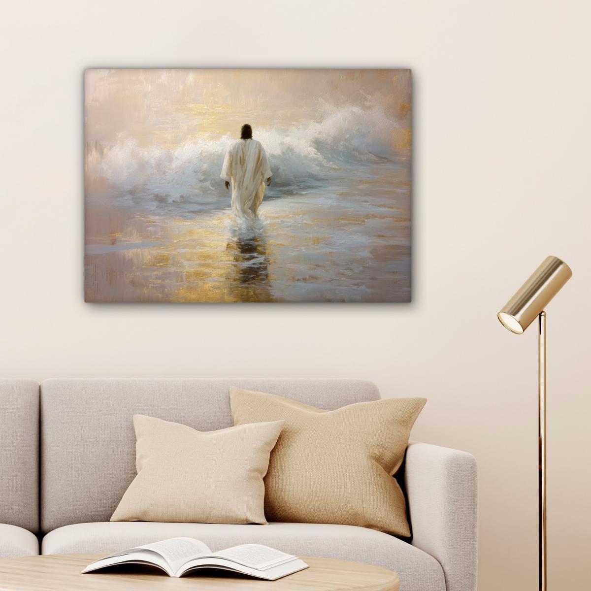LEINWANDBILD Gemälde - Welle - Jesus - Abstrakt Wandbilder 80x60 cm - Goldfarben, Textil (80/60cm) - MuchoWow