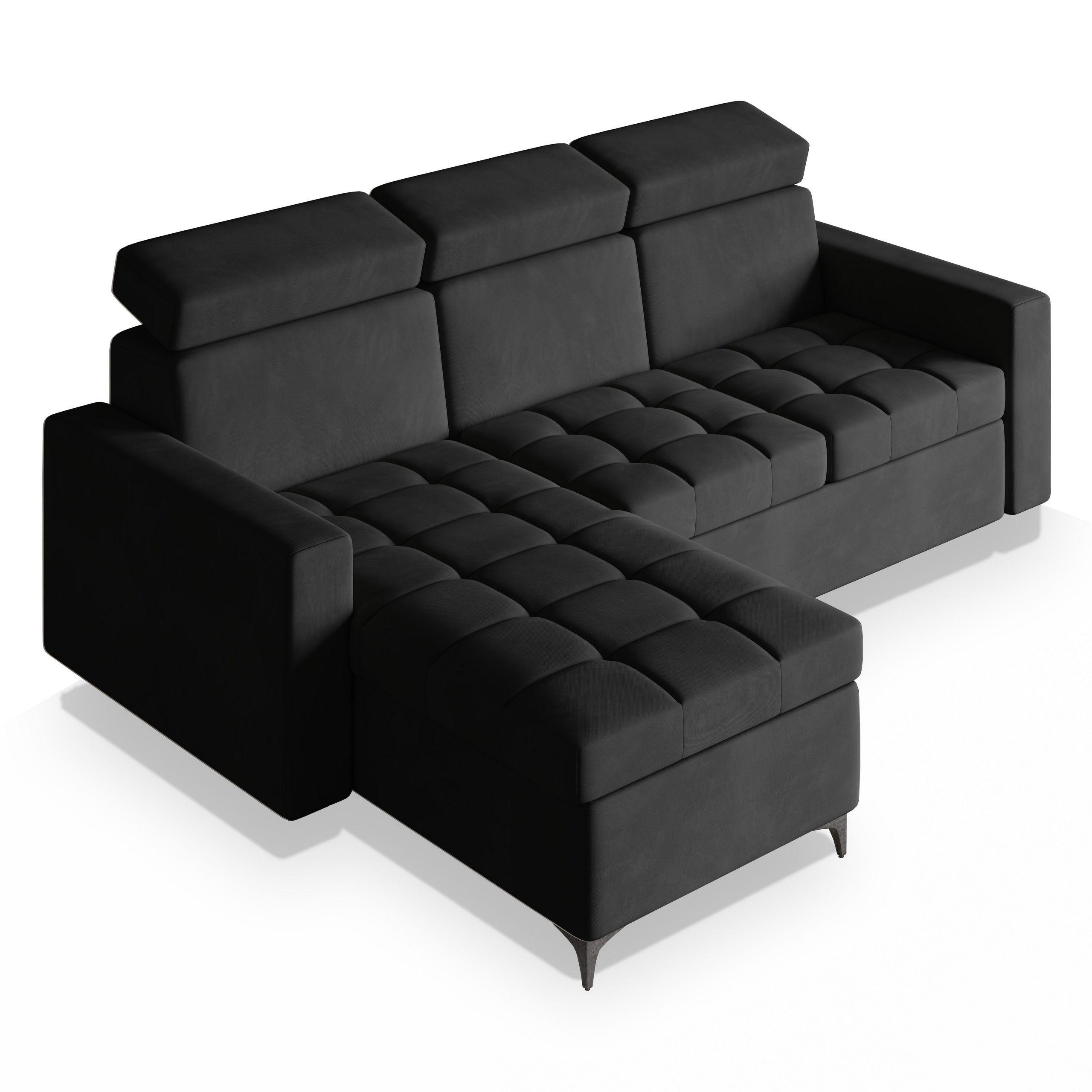 ECKSOFA KAME Schwarz Plüsch-Stoff mit Schlaffunktion - Schwarz, Holz/Textil (227/168cm) - MASSENO