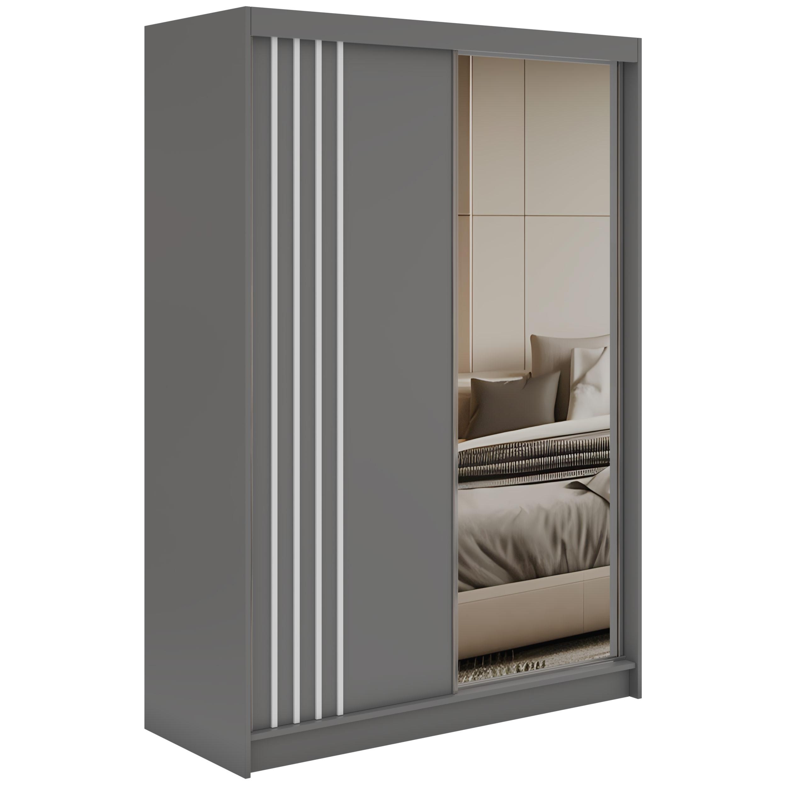 SCHWEBETÜRENSCHRANK mit Lamellen und Spiegel DIANA - 150 - Grau und Weiß - Alufarben/Weiß, Holzwerkstoff/Metall (150/216/61cm) - MKS