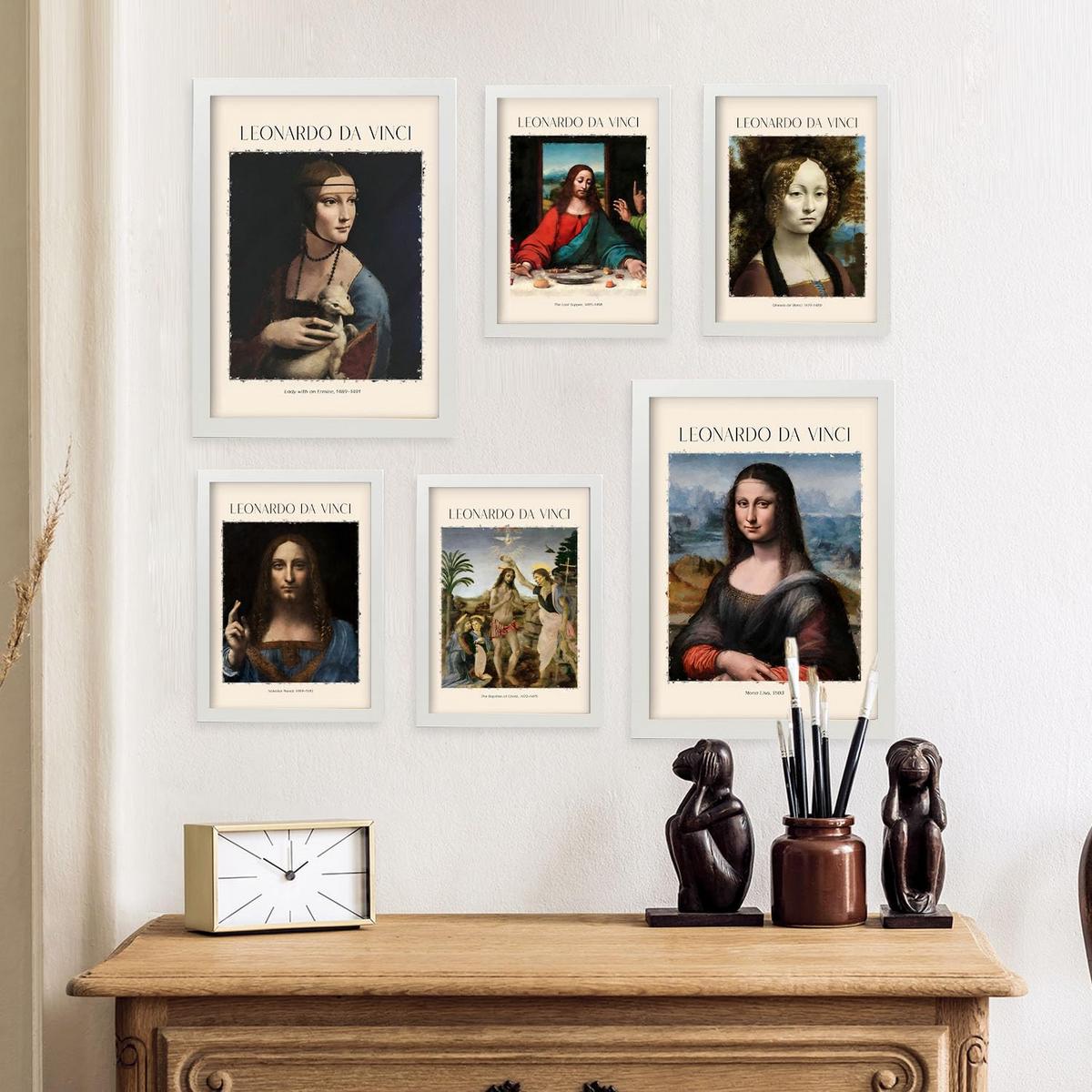 POSTER Set Mit 6 Da Vinci Posterblatt Malergalerie Dekorative Gemälde Für Ihr Wohnzimmer, Schlafzimmer, Zuhause Wandkunstdrucke A3 & A4 Weißer Rahmen - Weiß, Papier (29/3cm) - Nacnic