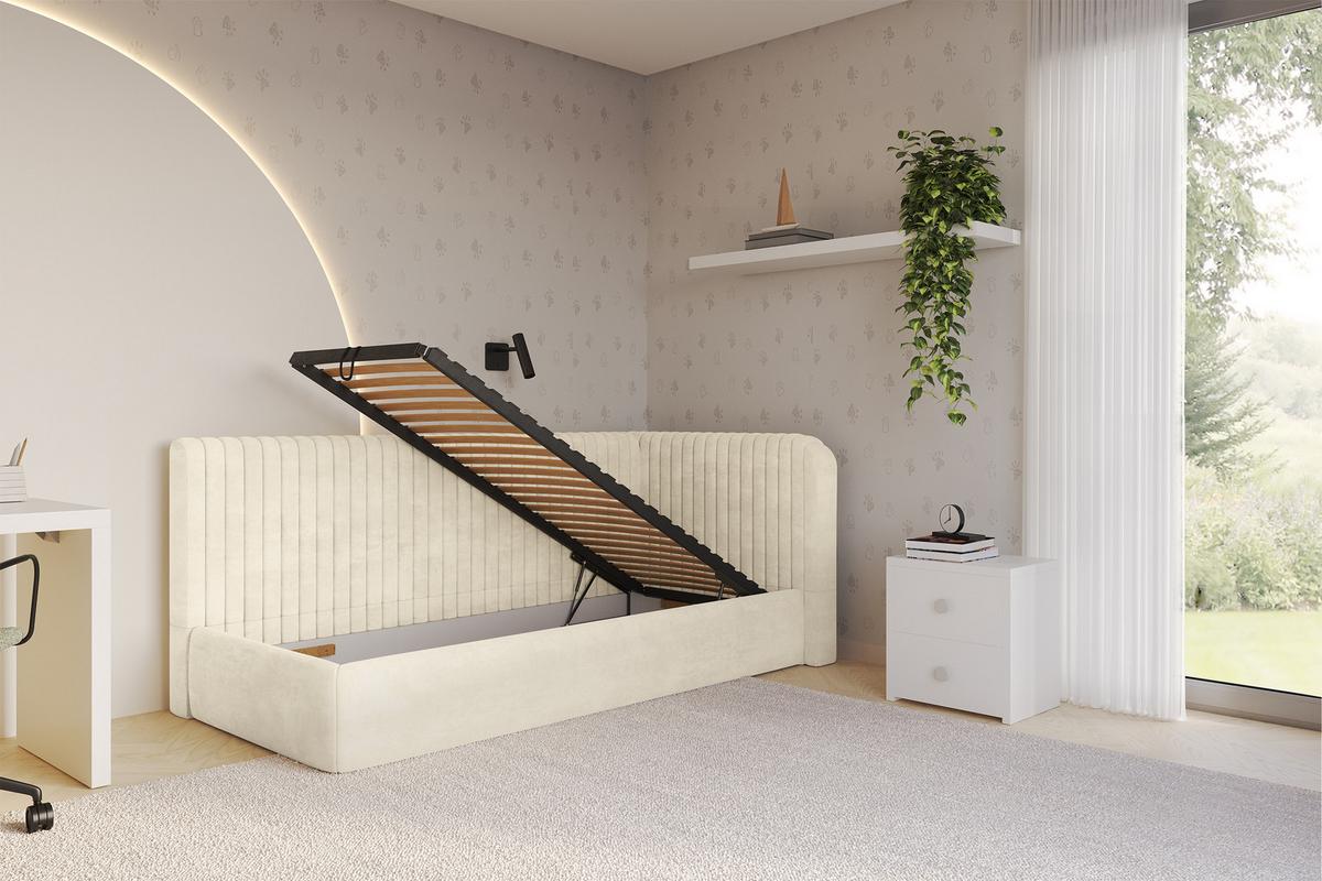 EINZELLBETT Jugendbett mit Bettkasten und Matratze H3/H4, Links - AURY 90x200 Beige - Beige, Holzwerkstoff/Textil (90/200cm) - ALTDECOR