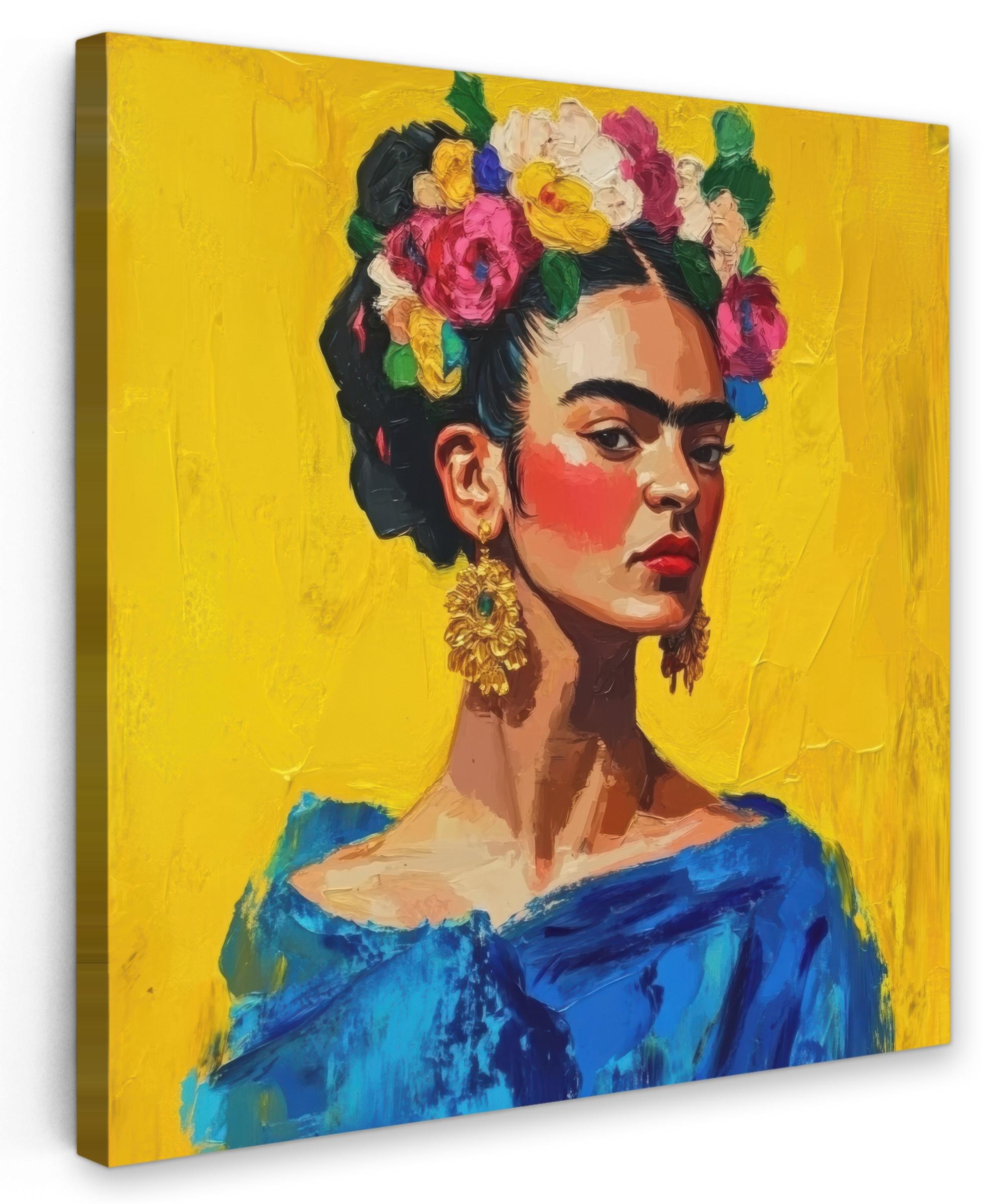 LEINWANDBILD Frida Kahlo - Frau - Gelb - Blau - Blumen Deko Wohnzimmer 20x20 cm - Gelb, Textil (20/20cm) - MuchoWow