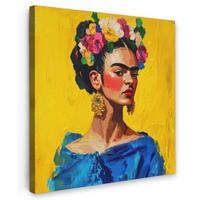 LEINWANDBILD Frida Kahlo - Frau - Gelb - Blau - Blumen Deko Groß 90x90 cm - Gelb, Textil (90/90cm) - MuchoWow