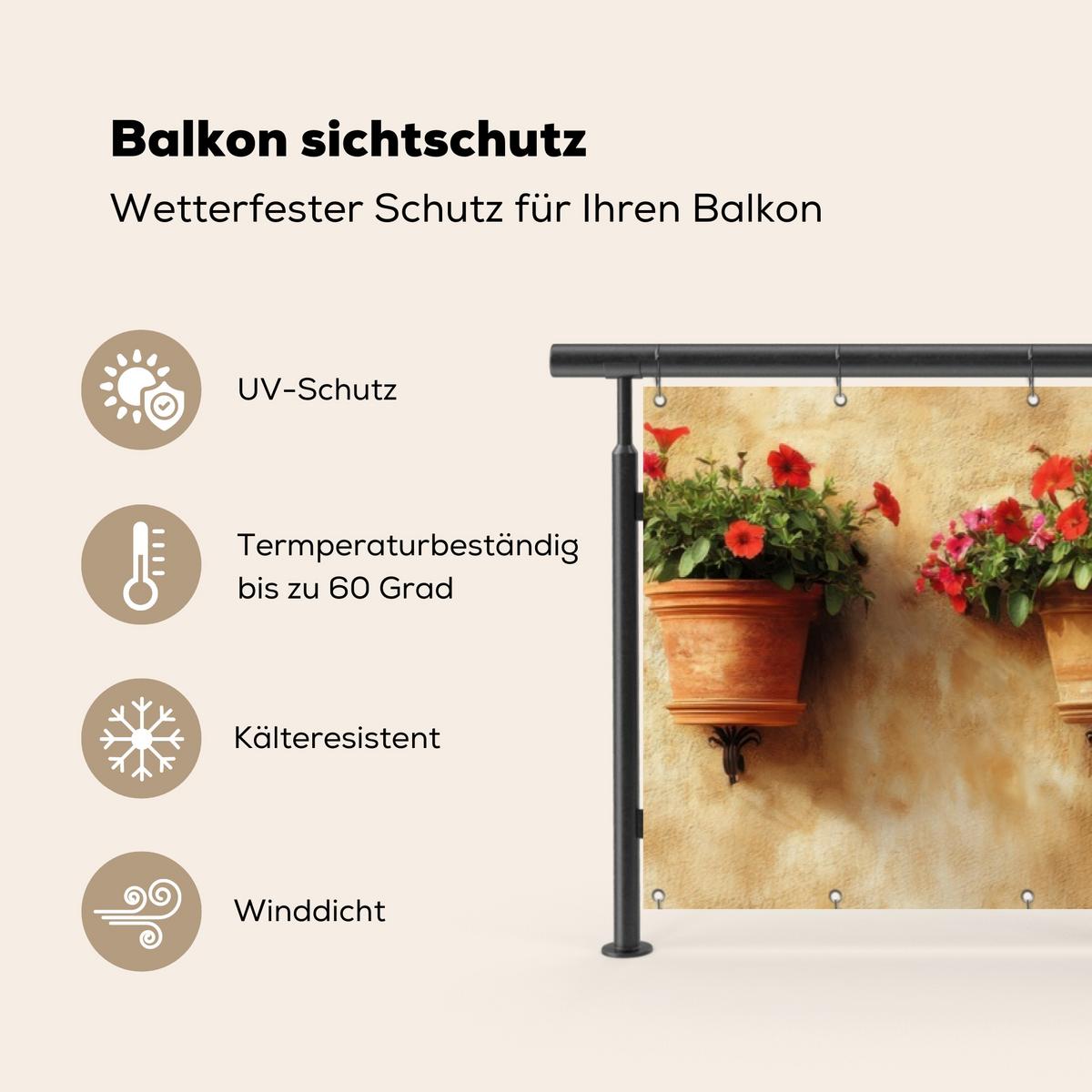 BALKON-SICHTSCHUTZ Blumentöpfe - Wand - Vintage Witterungsbeständig 300x75 cm - Terracotta, Kunststoff (300/75cm) - MuchoWow