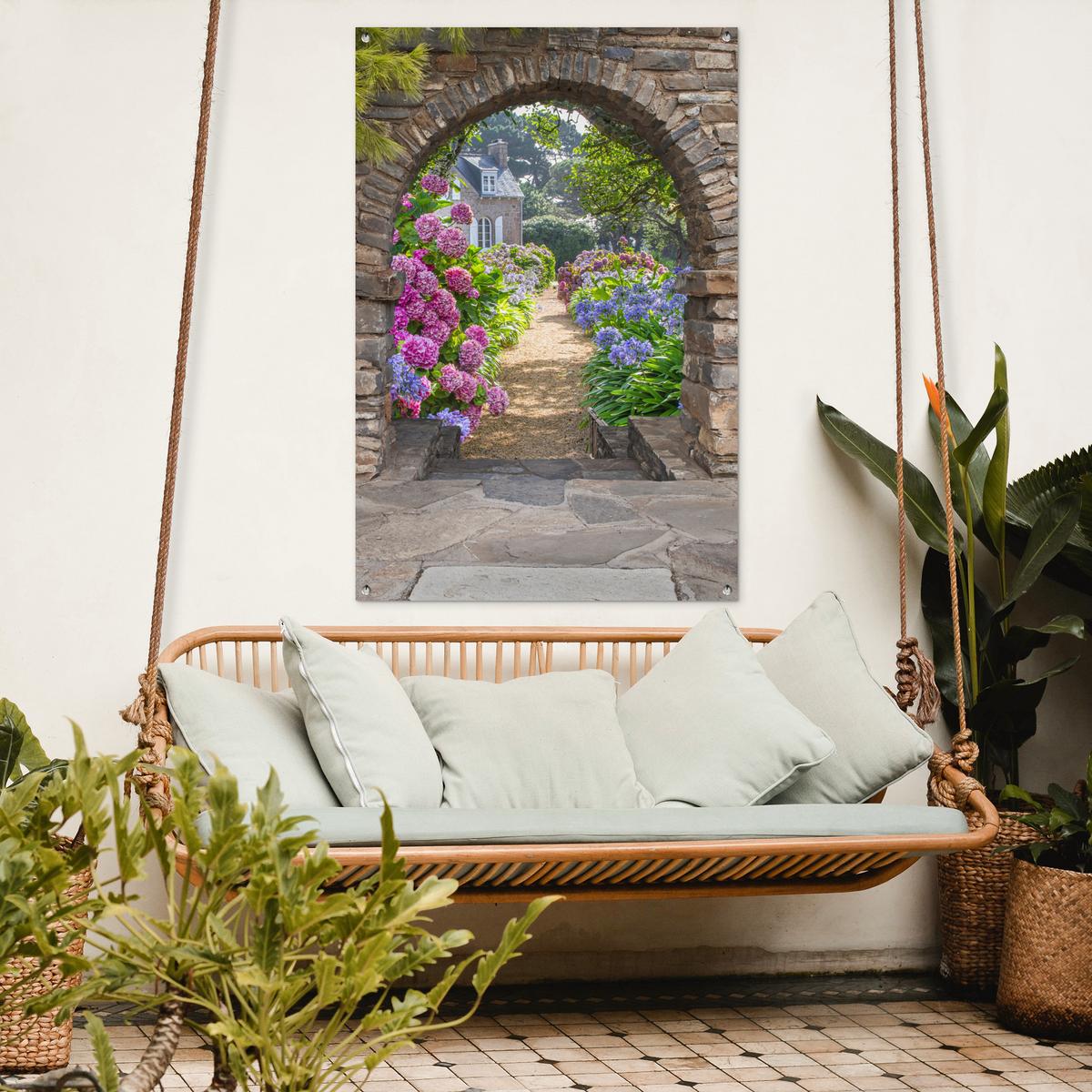 GARTENPOSTER Blumen - Guck-guck - Hortensie - Sommer Outdoor Bilder 80x120 cm - Braun, Kunststoff (80/120/0.2cm) - OnlyWow