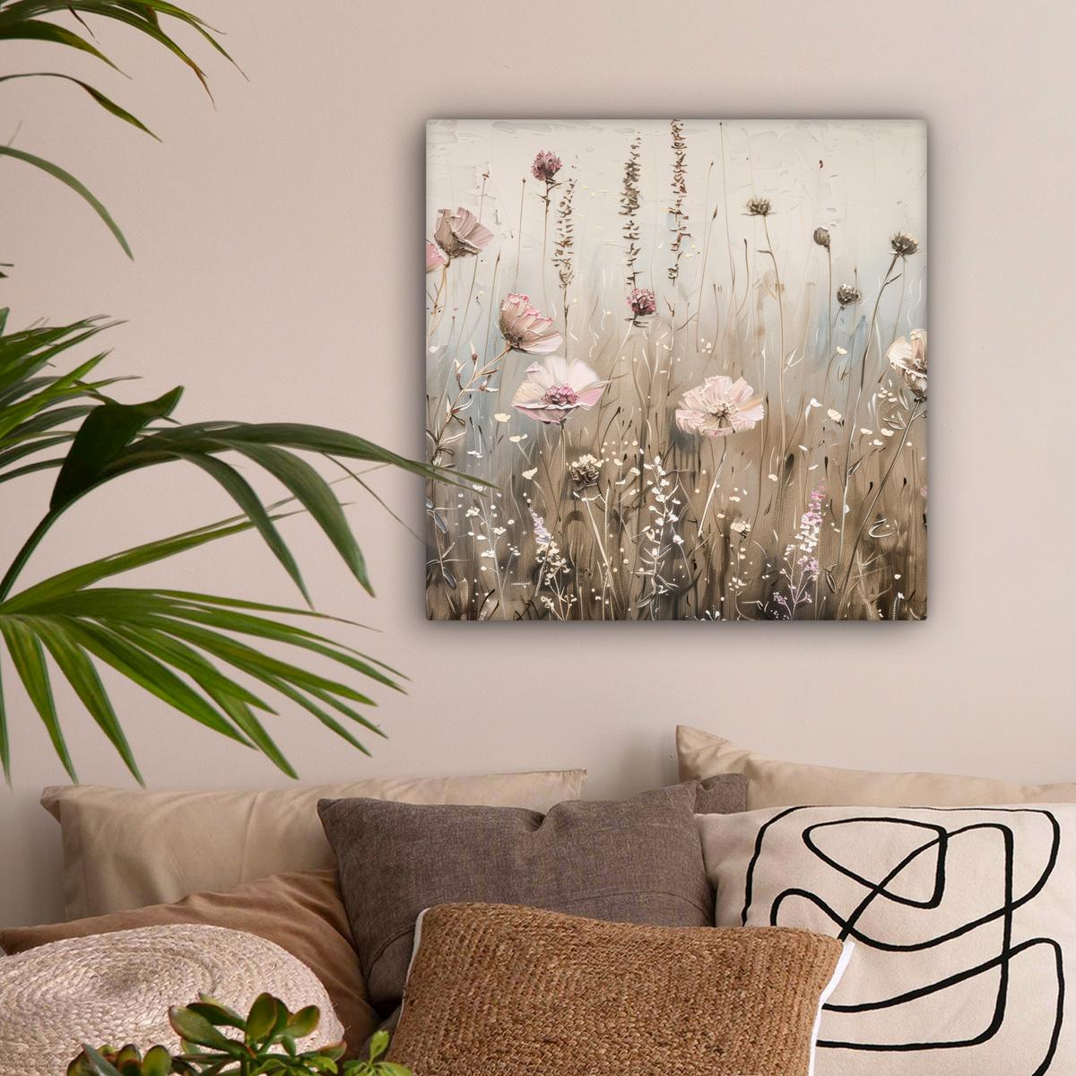 LEINWANDBILD Blumen - Rosa - Modern - Beige Wandbild Wohnzimmer 50x50 cm - Beige, Textil (50/50cm) - MuchoWow