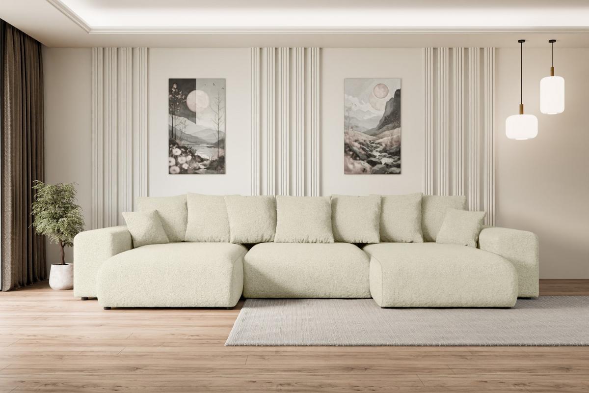 WOHNLANDSCHAFT mit Schlaffunktion ESKAR-U -364x176x72cm Beige Bouclé - Beige/Schwarz, Holzwerkstoff/Kunststoff (364/72/176cm) - ALTDECOR