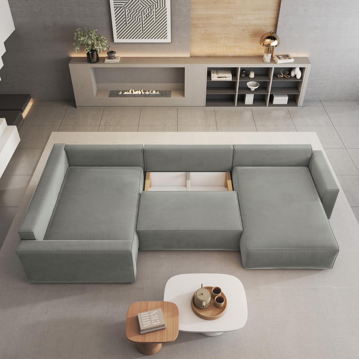WOHNLANDSCHAFT VELAMI L-S Hellgrau Velours-Stoff mit Schlaffunktion - Hellgrau, Holz (365/83/194cm) - MASSENO