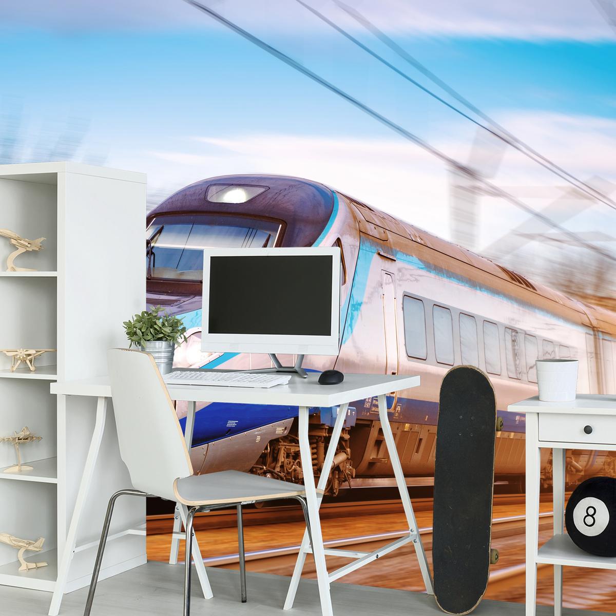 FOTOTAPETE für Wohnzimmer Moderner Zug Eisenbahnschienen 400x280 - Blau/Schwarz, Papier (400/280cm) - Muralo
