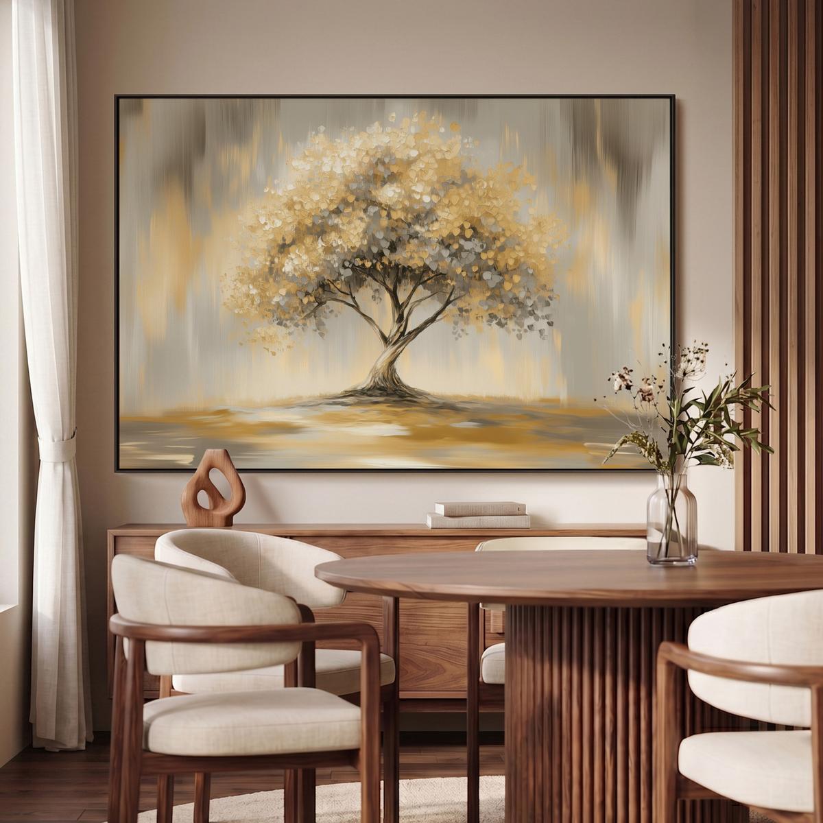 LEINWAND Bilder mit Rahmen - Gemälde - Baum - Abstrakt - Blätter - 140x90 - Beige, Textil (140/90cm) - MuchoWow