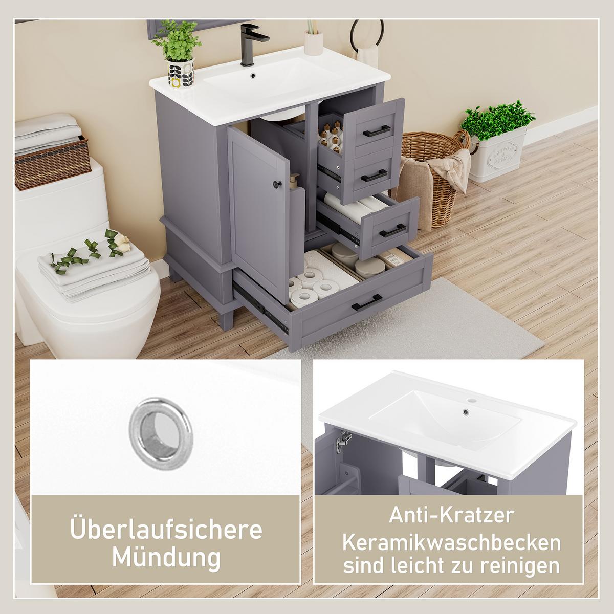 WASCHTISCHKOMBI Grau freistehend mit Keramikbecken & 3 Schubladen - Grau, Keramik/Holzwerkstoff (76/83/46cm) - Urban Meuble