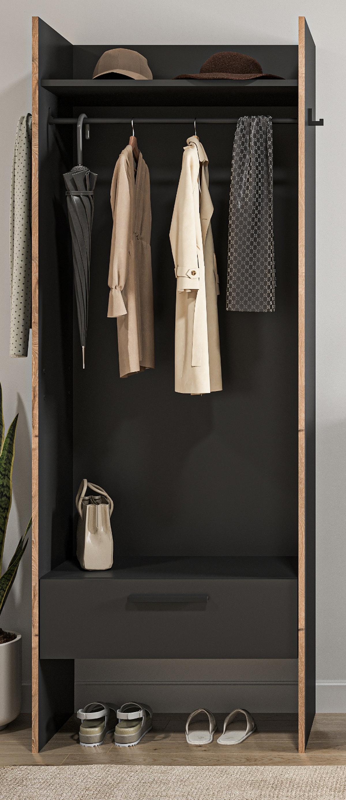GARDEROBE grau und Nox Eiche, Kompaktgarderobe 70 x 189 cm, Salud - Eichefarben/Grau, Holzwerkstoff (70/189/37cm) - Inn.Furn