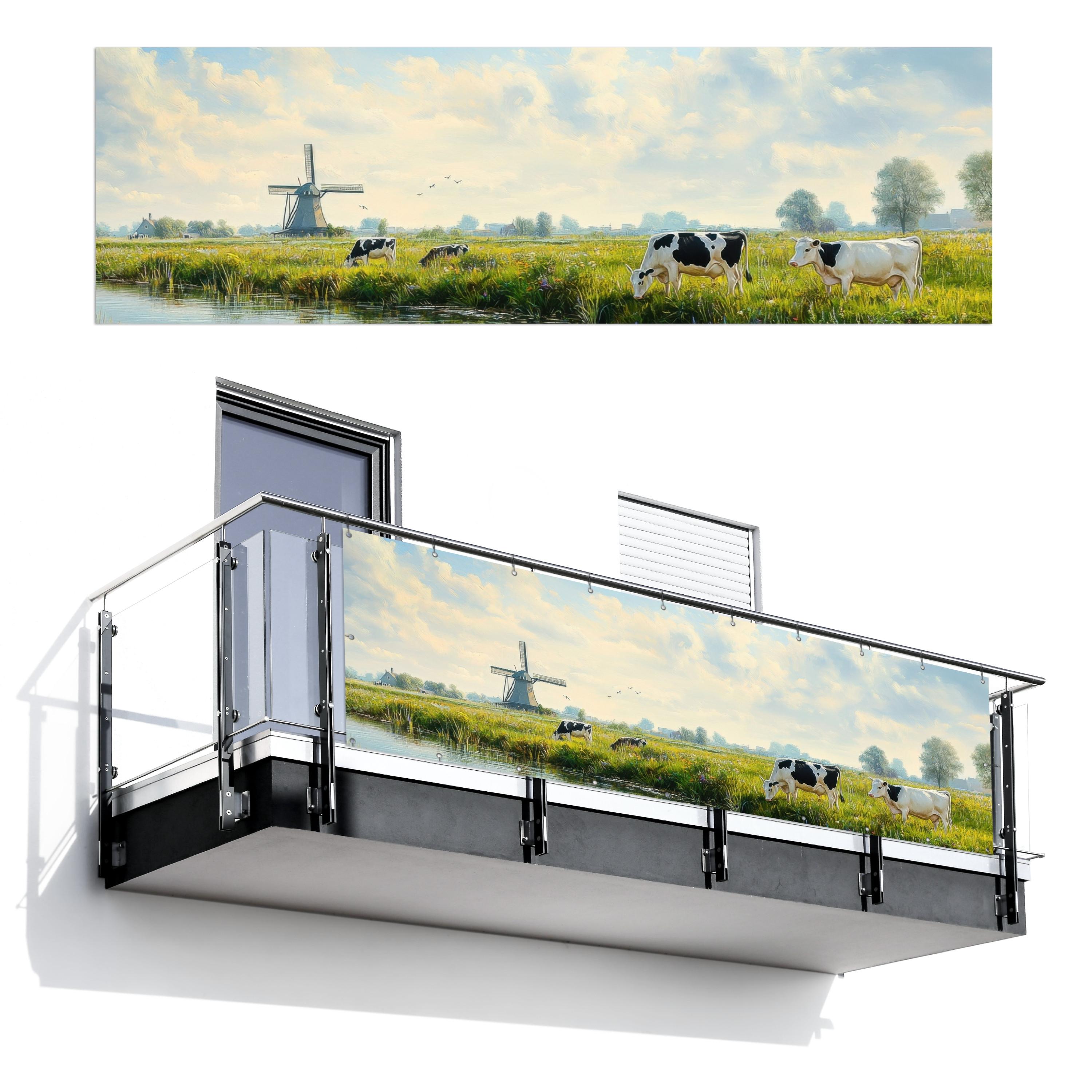 BALKON-SICHTSCHUTZ Kühe - Windmühle - Wiese - Blau Windschutz 300x95 cm - Grün, Kunststoff (300/95cm) - MuchoWow