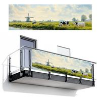 BALKON-SICHTSCHUTZ Kühe - Windmühle - Wiese - Blau Windschutz 300x90 cm - Grün, Kunststoff (300/90cm) - MuchoWow