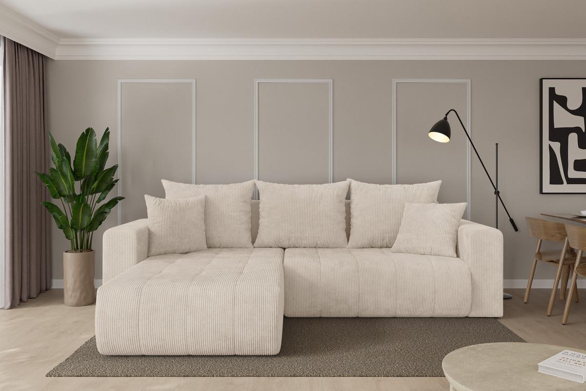 ECKSOFA mit Schlaffunktion Ottomane Links MILA-L 277x194x86 Beige Cord - Beige/Schwarz, Holzwerkstoff/Kunststoff (277/194cm) - ALTDECOR