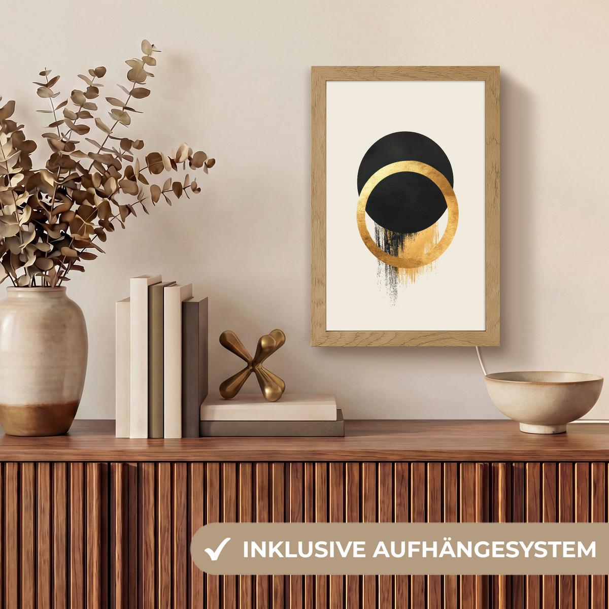 WANDLEUCHTE Abstraktes Design - Schwarzer Kreis - Farbflecken 20x30 cm - Creme, Holzwerkstoff (20/30/8cm) - OnlyWow