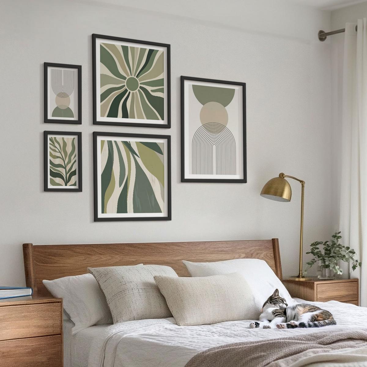 BILDER SET 5er Set - 50x50 cm & 20x30 cm & 40x60 cm Schwarzer Rahmen - Bemalte Blätter mit Grün - Schwarz, Kunststoff (40/60cm) - TULUP