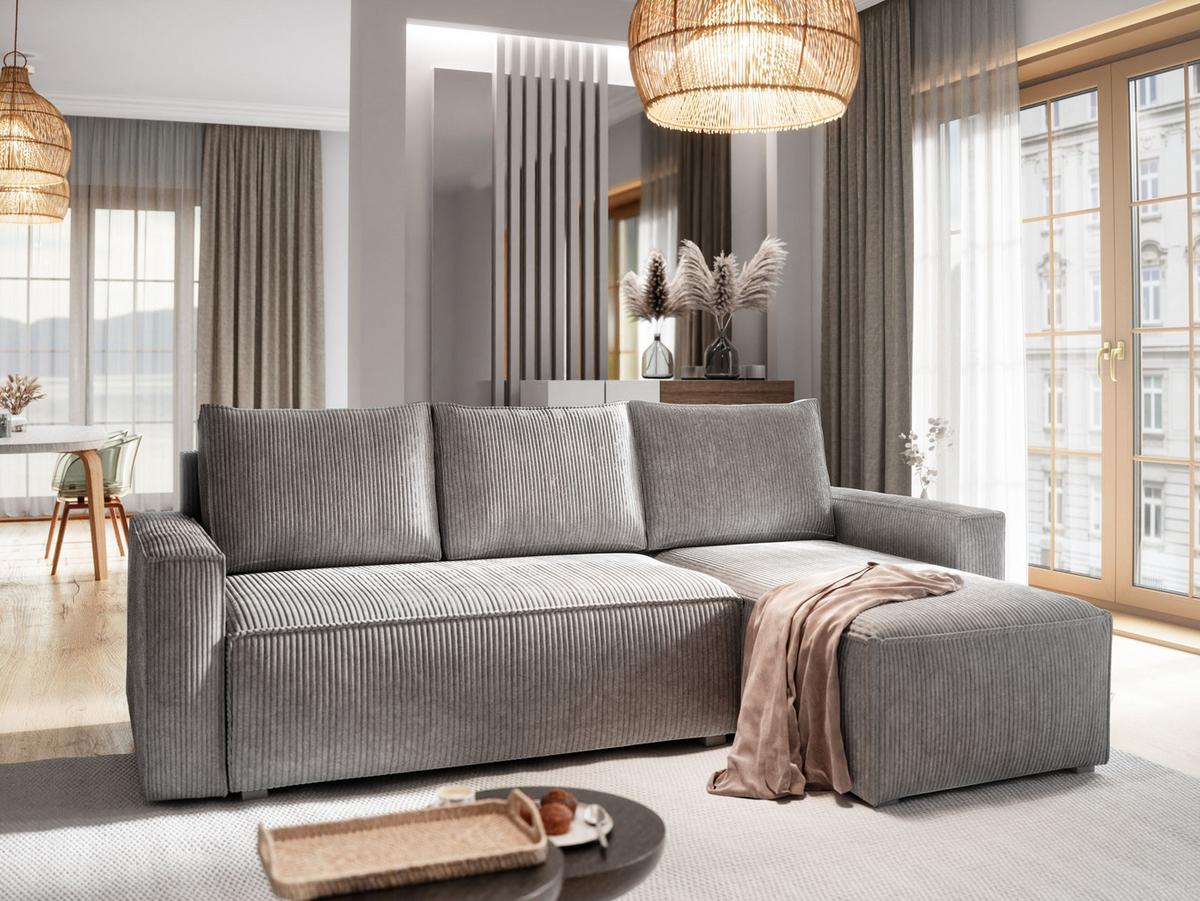 ECKSOFA POTARO Hellgrau Kordstoff mit Schlaffunktion - Hellgrau/Grau, Holz/Kunststoff (232/140cm) - MASSENO