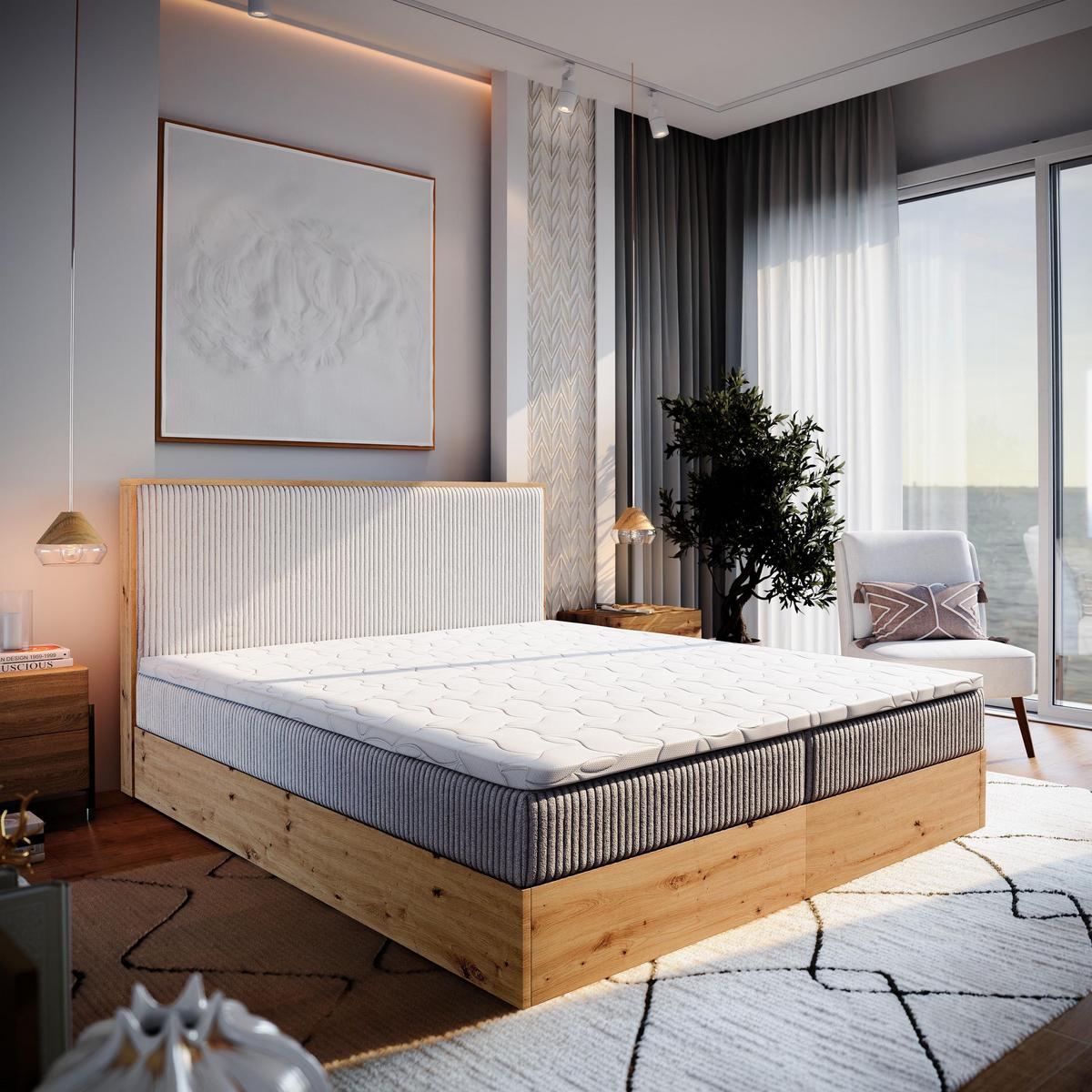BOXBETT VERDON 140x200 cm mit Matratze und Topper - Beige - Beige, Holz (140/200cm) - MASSENO