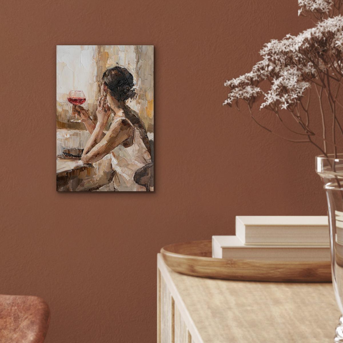 METALLBILD Ölgemälde - Frau - Wein 20x30 cm - Hellbraun, Metall (20/30cm) - MuchoWow