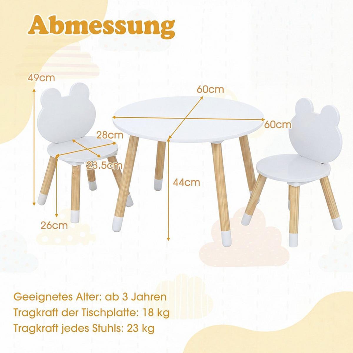 KINDERTISCH mit stuhl weiß(3-tlg) - Weiß/Naturfarben, Holzwerkstoff (60/44/60cm) - COSTWAY