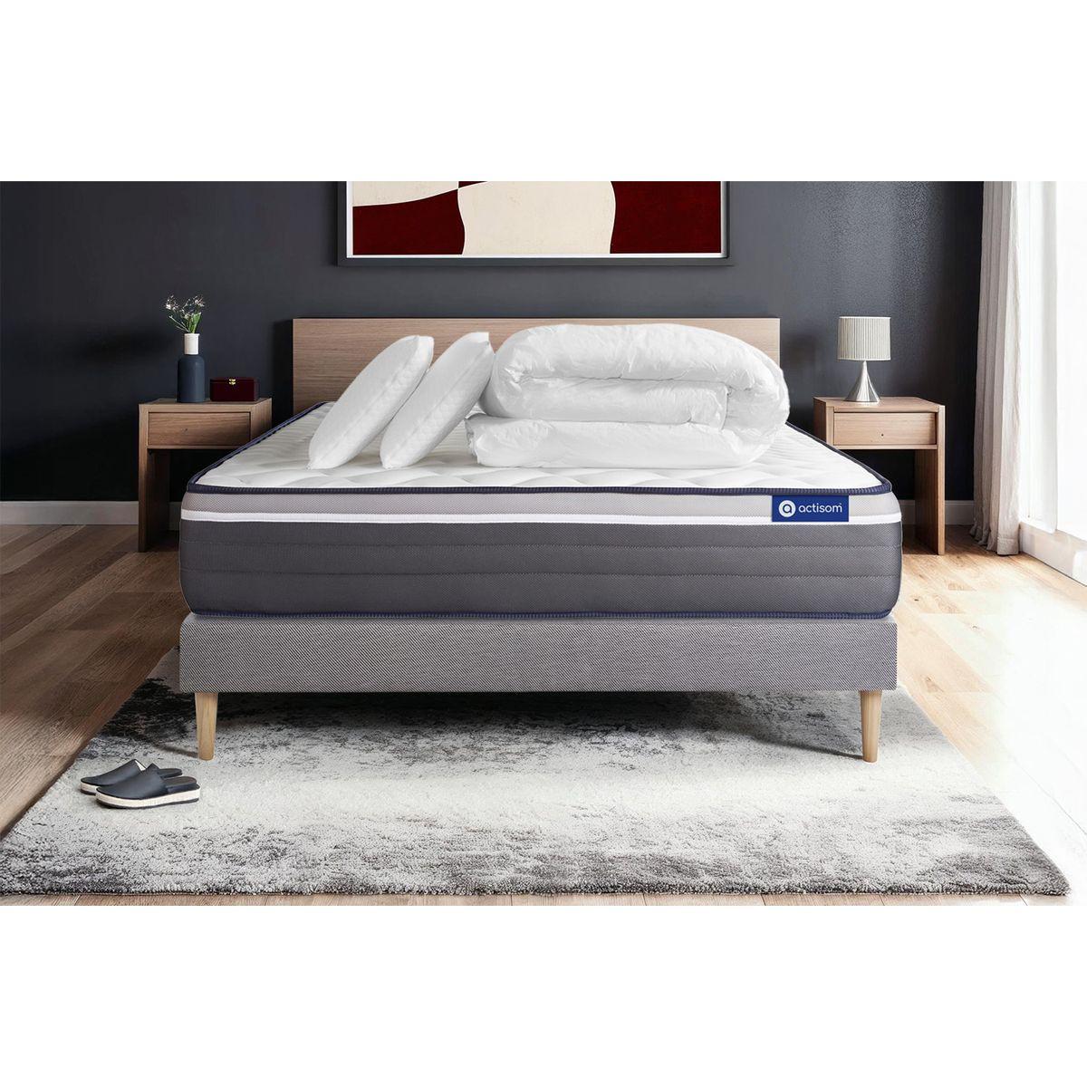 BETT Actilatex plus Latex und Memory-Schaum 160 x 200 cm h4 - Kit Bettgestell Grau - Mit Kissen und Bettdecke - Beige/Grau, Karton/Holz (160/200cm) - ACTISOM