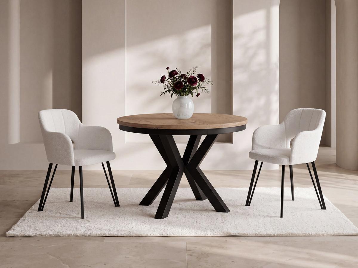 ESSTISCH Clara runder ausziehbarer, Eiche Hellbraun 100-180/100/76 cm - Eichefarben/Schwarz, Holzwerkstoff/Metall (100/180/76cm) - WFL GROUP