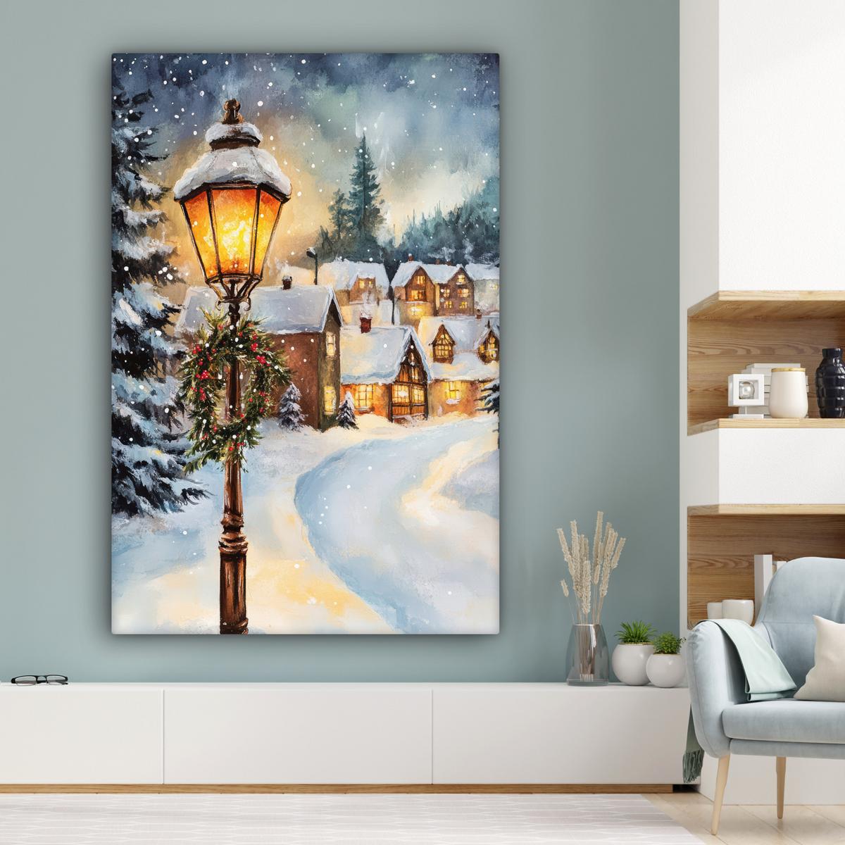 LEINWANDBILD Weihnachtsdorf - Häuser - Schnee - Weihnachten Deko Groß 90x140 cm - Sandfarben, Textil (90/140cm) - MuchoWow