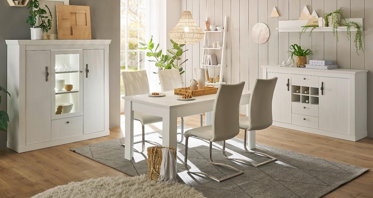 ESSZIMMER-SET 4-teilig weiß Pinie Landhaus, Soft-Close-Funktion - Silberfarben/Weiß, Glas/Holzwerkstoff (166/146/90cm) - Furn.Design