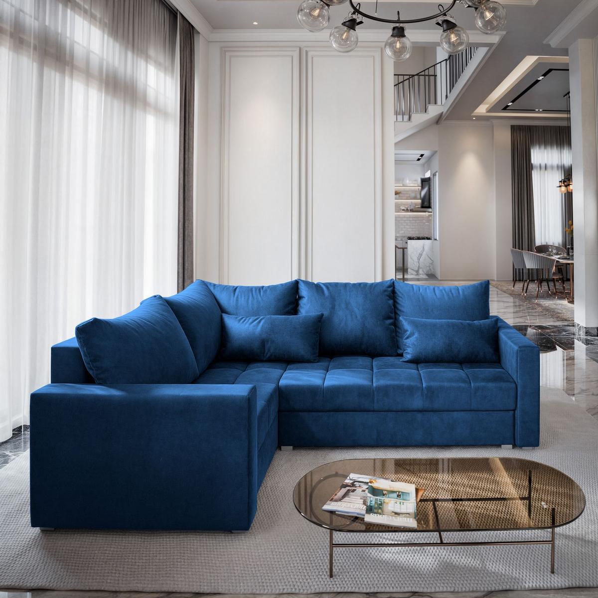 ECKSOFA LIRENO L-S Blau Plüsch-Stoff mit Schlaffunktion - Blau/Grau, Holz/Kunststoff (220/153cm) - MASSENO