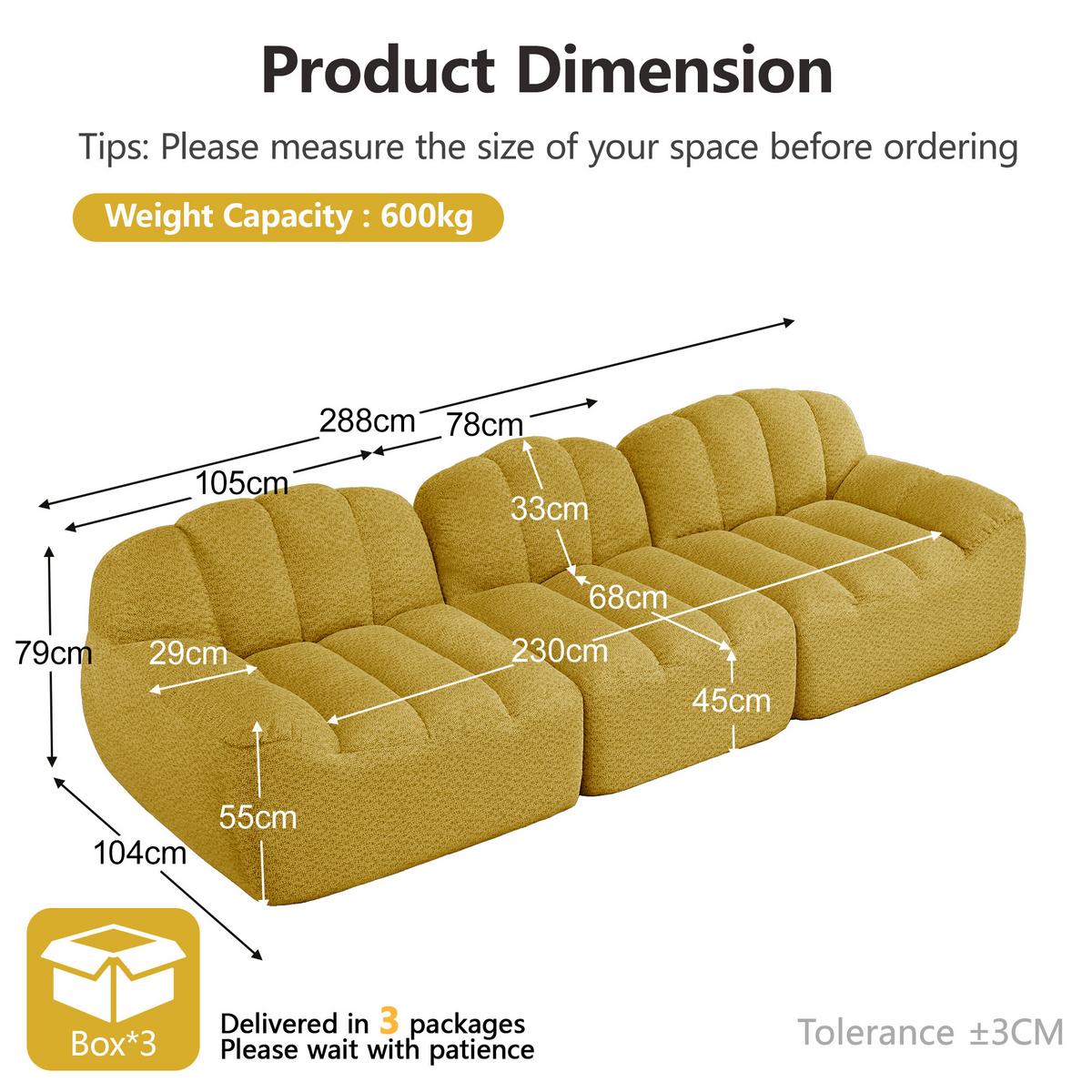 3-SITZER SOFA aus granuliertem Fleece, frameless Lounge-Design ohne Montage - Gelb, Textil (288/79/104cm) - Urban Meuble
