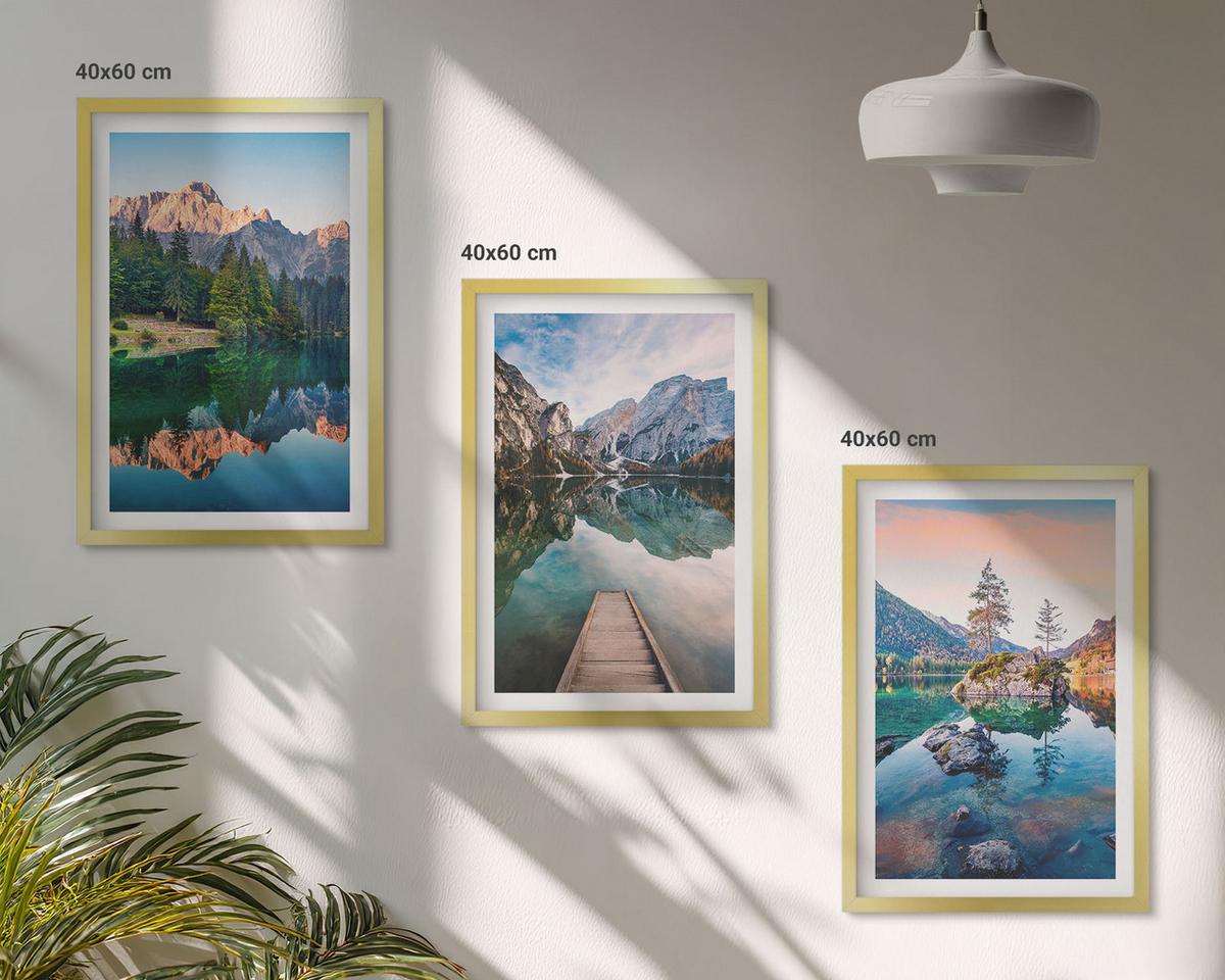 BILDER SET 3er Set - 40x60 cm Goldrahmen - Spiegelung des Waldes in Bergseen - Goldfarben, Kunststoff (40/60cm) - TULUP