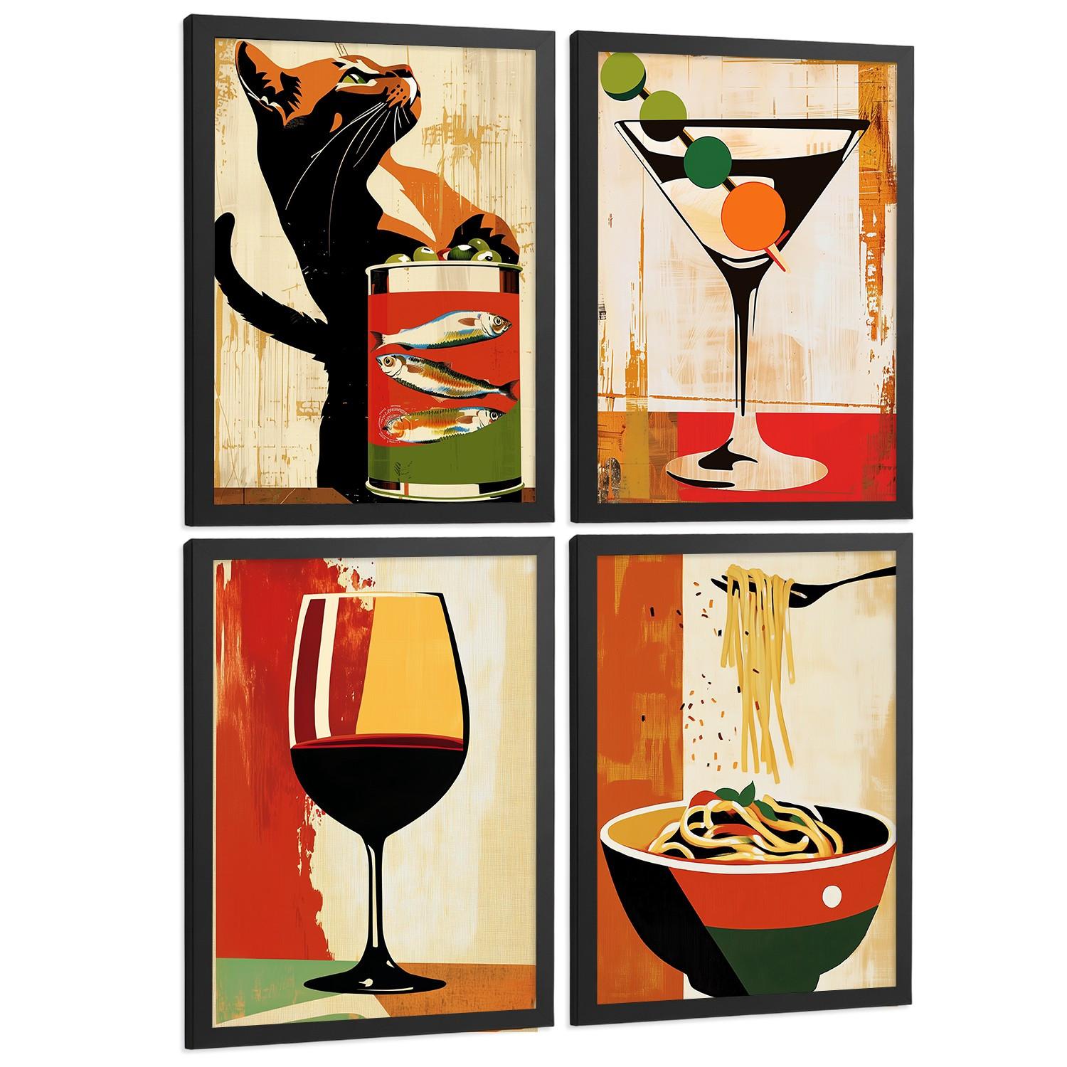 POSTER 4er Set Küchen-Wandbilder Vintage Katze Sardinen Martini Wein und Pasta Retro Esszimmer Bar Deko Schwarzer Rahmen A3 - Schwarz, Papier (29.7/1/42cm) - Nacnic