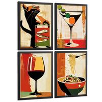 POSTER 4er Set Küchen-Wandbilder Vintage Katze Sardinen Martini Wein und Pasta Retro Esszimmer Bar Deko Schwarzer Rahmen A3 - Schwarz, Papier (29.7/1/42cm) - Nacnic