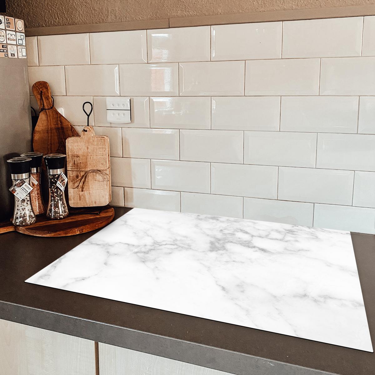 HERDABDECKPLATTE Marmor - Grau - Weiß - Strukturierter Marmor Herdabdeckung Induktionsfeld 75x52 cm - Weiß, Kunststoff (75/52/0.2cm) - MuchoWow