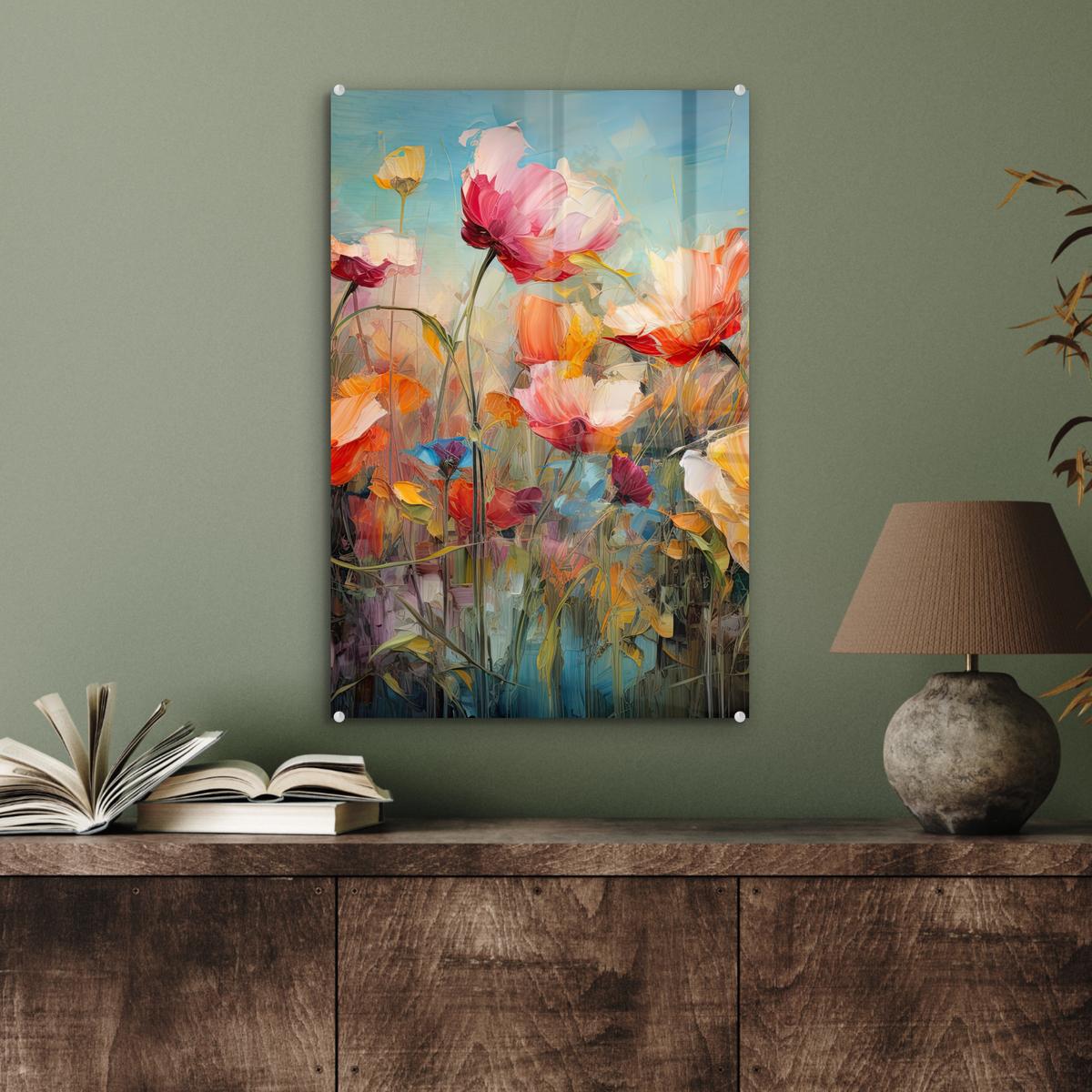 ACRYLGLASBILD Blumen - Aquarell - Kunst - Botanisch - Natur Wanddeko Wohnzimmer 40x60 cm - Orange, Glas (40/60cm) - MuchoWow