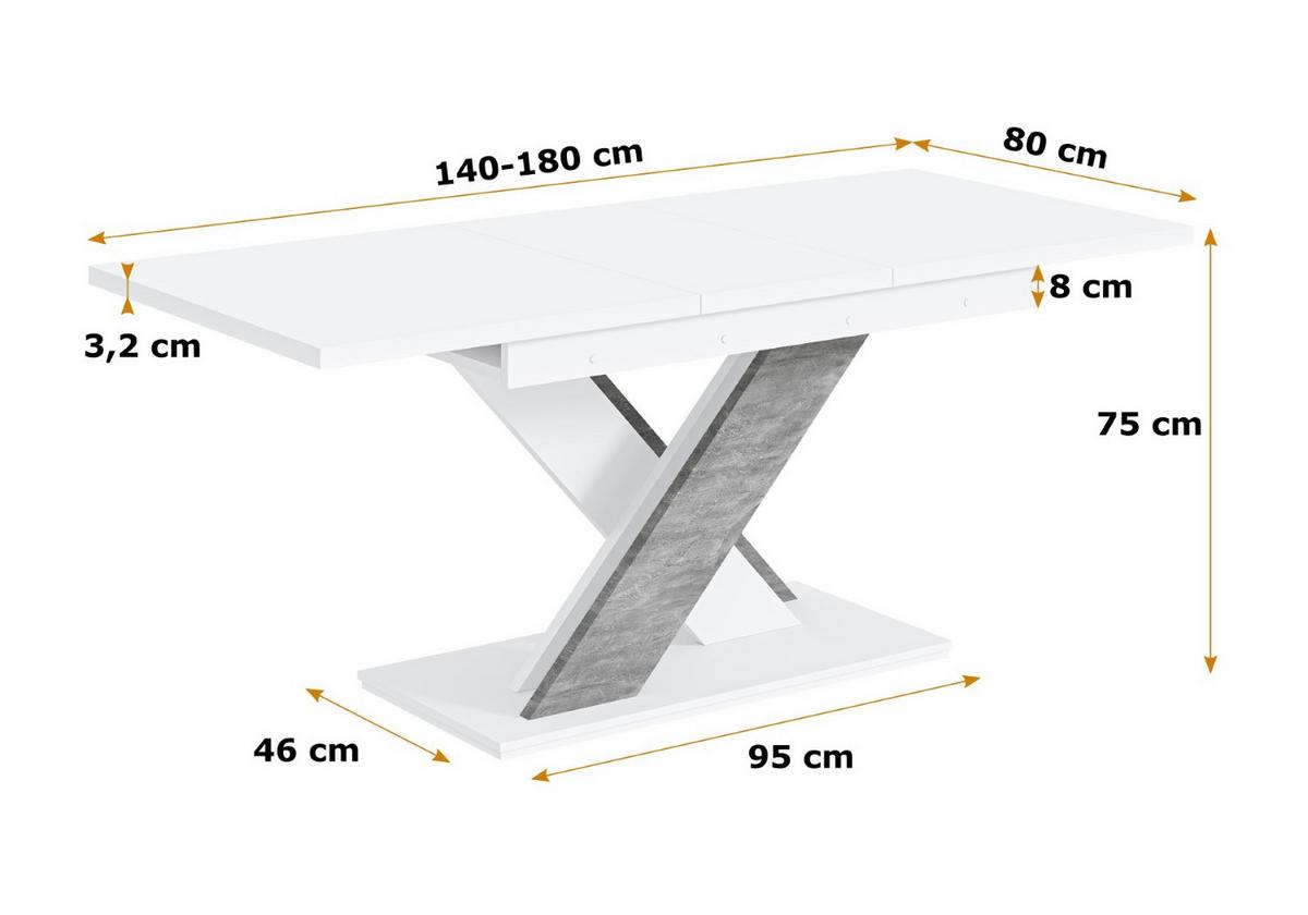 ESSTISCH ausziehbar 140 -180x80x75 cm - Weiß / Betonoptik - RONX - Weiß, Holzwerkstoff (140/80/75cm) - ALTDECOR