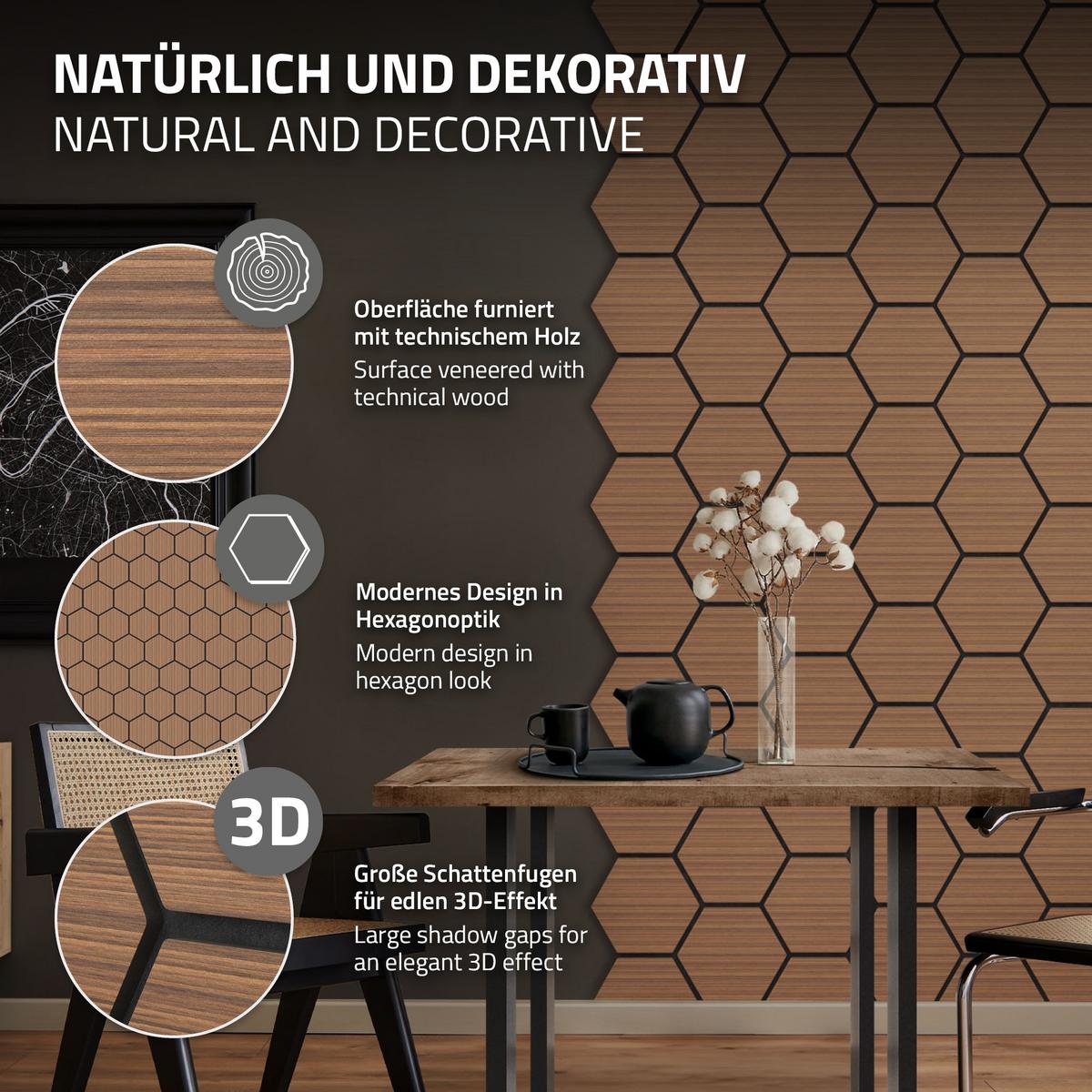 AKUSTIKPANEEL 2er Set Schallschutzplatten Hexagon Teak Holzoptik 66x81x2 cm aus Filz - Dunkelbraun, Holzwerkstoff (2.1/81.1/66.6cm) - ML-DESIGN