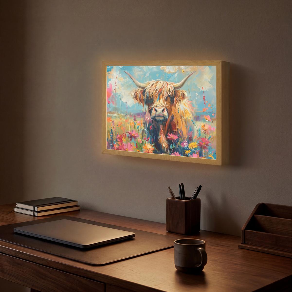 WANDLEUCHTE MIT AKKU Schottische Hochländer - Natur - Farbenfroh - Blumen 40x30 cm - Multicolor, Holzwerkstoff (40/30/8cm) - OnlyWow